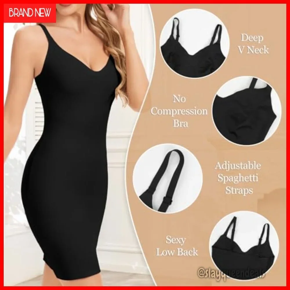 Seamless Tummy Control Slip Dress Plunge Neck Shapewear Under Dresses
